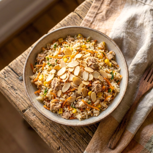 receita de arroz colorido com vegetais e atum