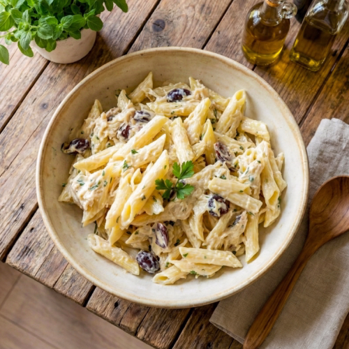 receita de salada de macarrão com bacalhau e azeitonas
